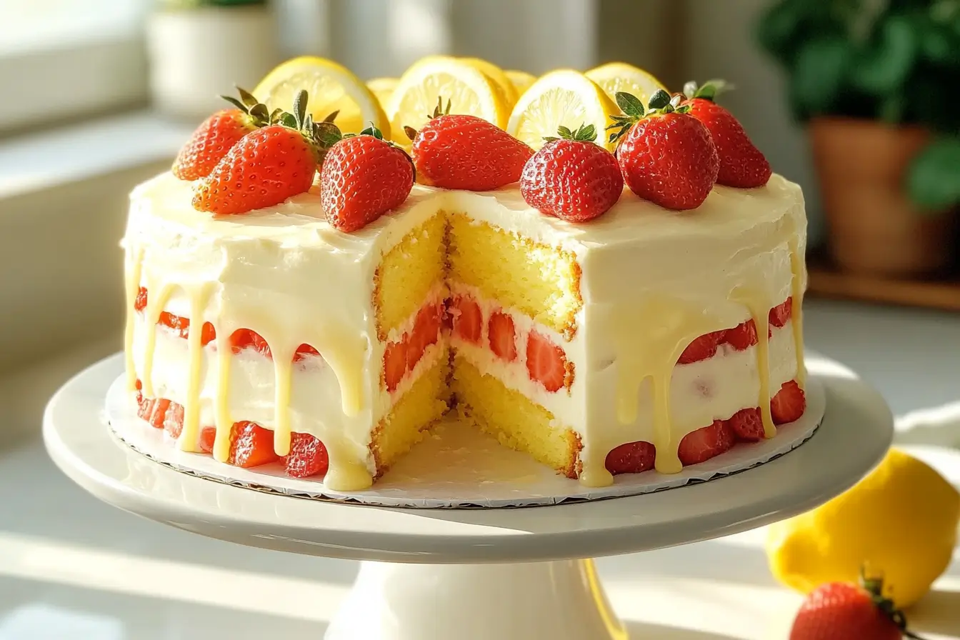 Strawberry Lemonade Buttermilk Cake with fresh berries and lemon slices