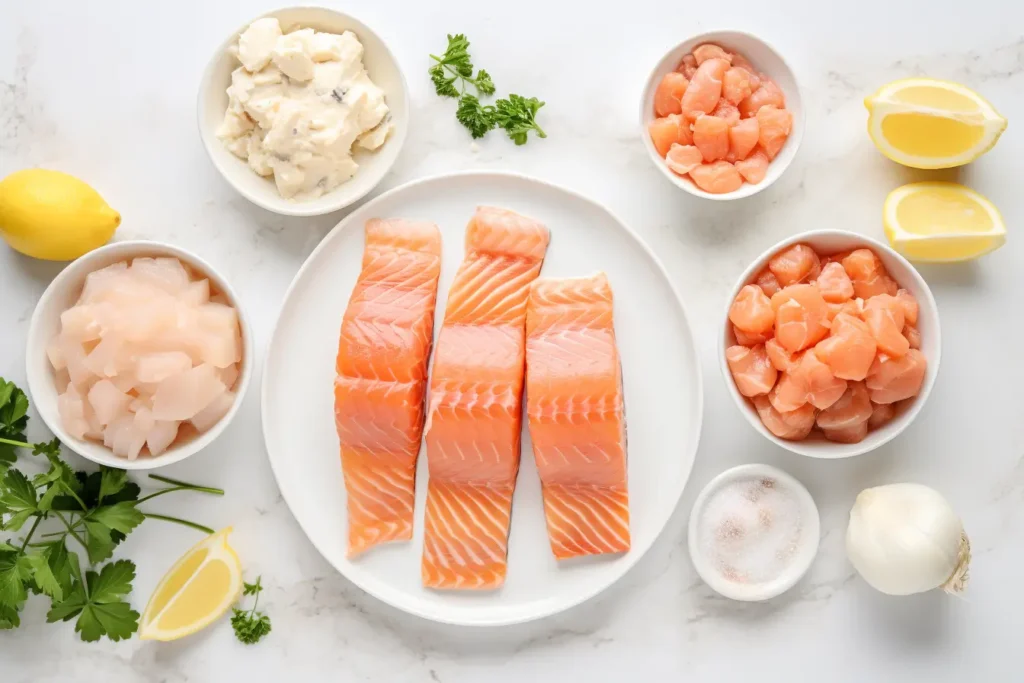 Flat lay of salmon fillets, crabmeat, shrimp, cream cheese, garlic, and seasonings used for stuffed salmon