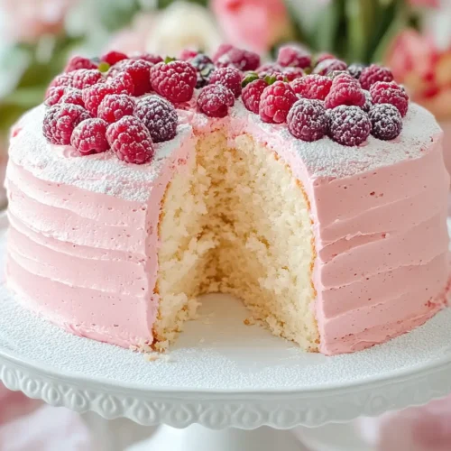 Mother's Day Pink Chiffon Cake on stand with berries