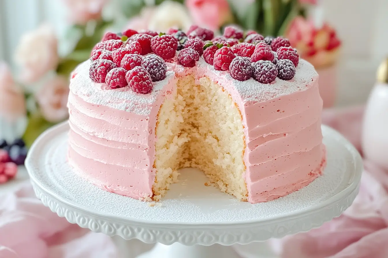 Mother's Day Pink Chiffon Cake on stand with berries
