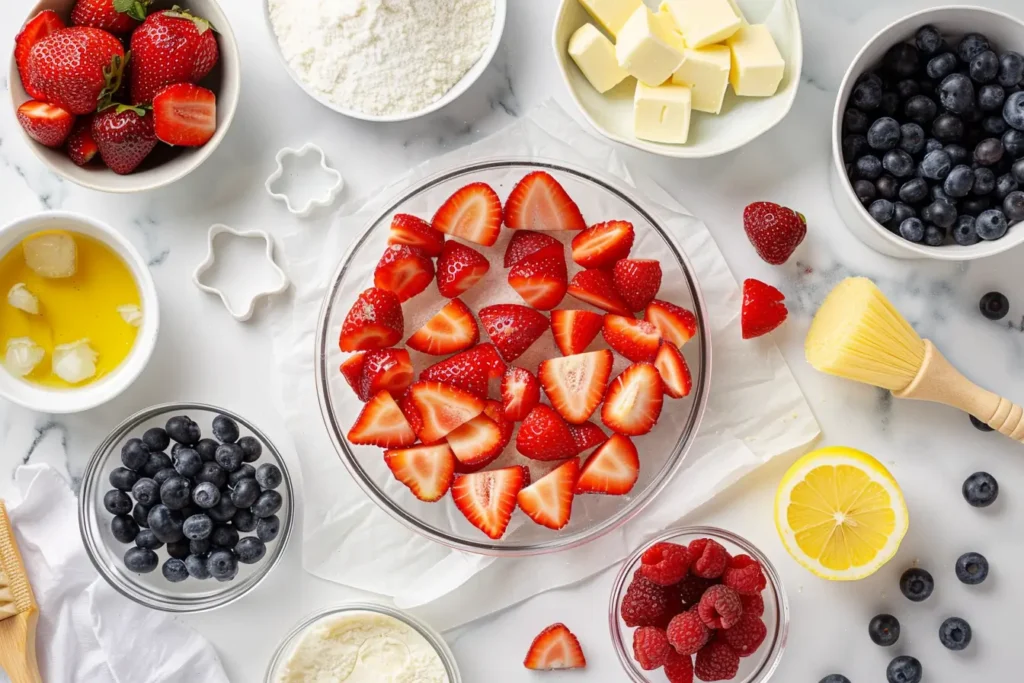 Flat lay of ingredients for American Flag Pie—strawberries, blueberries, raspberries, cubed butter, flour, lemon, melted butter, star cookie cutters, and pastry brush on a marble surface