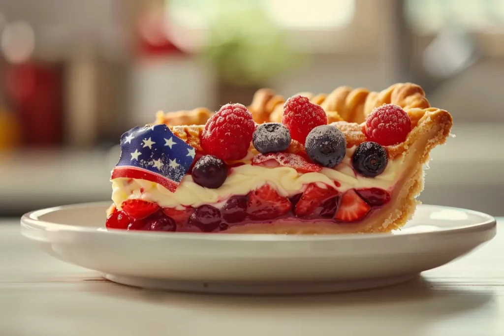 Slice of American Flag Pie on white plate