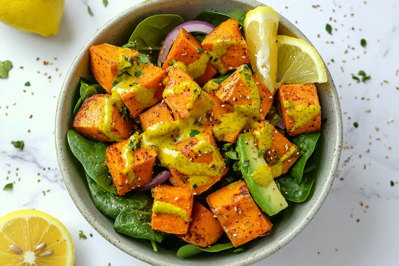 Pouring turmeric dressing over sweet potato salad