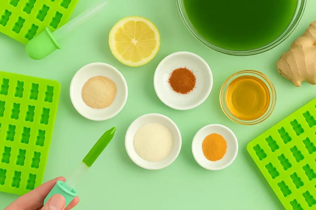 Flat lay of DIY green apple ginger gummy ingredients including gelatin powders, lemon, honey, juice, ginger, and gummy bear molds