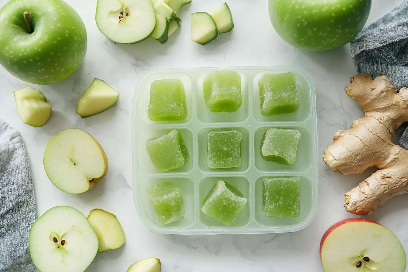Frozen green apple and ginger cubes in a silicone tray, surrounded by fresh green apples and ginger root