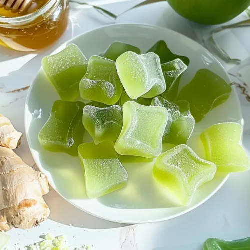 DIY Green Apple Ginger Gummies arranged on a plate with apple slices and fresh ginger. Let me know if you'd like alternative versions for alt text, Pinterest pins, or image captions!
