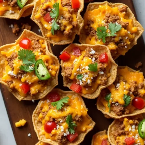 Taco Ranch Bites topped with ground beef, melted cheddar, diced tomatoes, jalapeños, and cilantro served on a wooden platter with dip bowls.