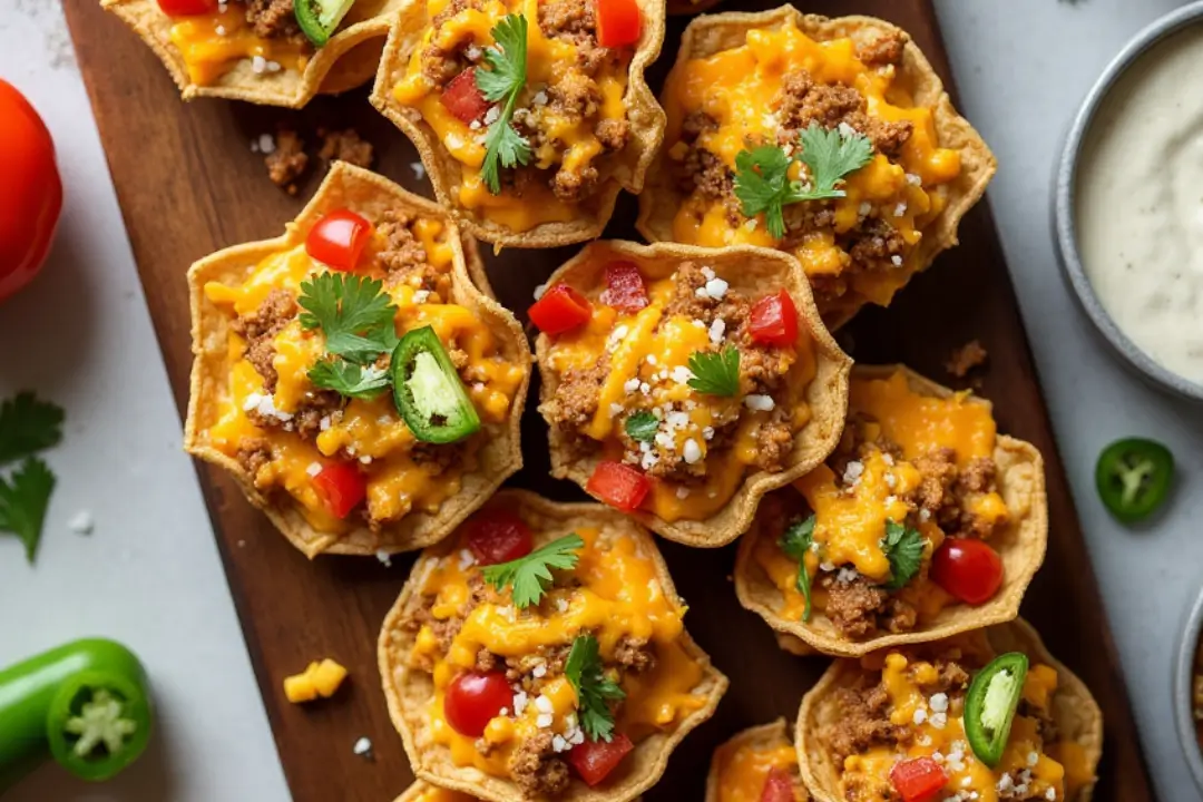 Taco Ranch Bites topped with ground beef, melted cheddar, diced tomatoes, jalapeños, and cilantro served on a wooden platter with dip bowls.