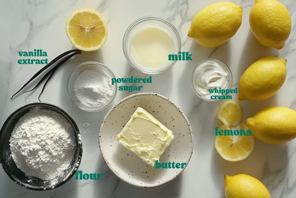 Flat lay of Magic Lemon Cobbler ingredients on a white marble surface, including lemons, flour, butter, vanilla beans, milk, whipped cream, and powdered sugar.