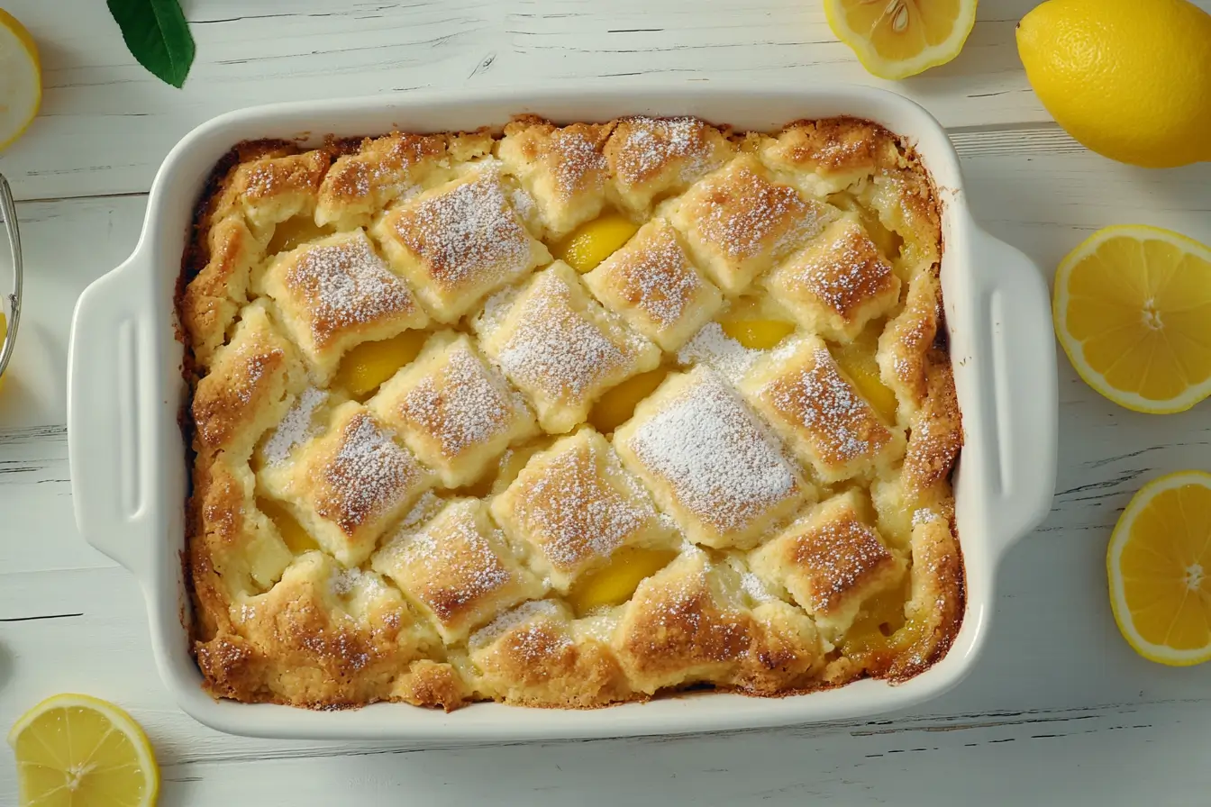 Magic Lemon Cobbler baked in a white dish with golden topping and lemon slices