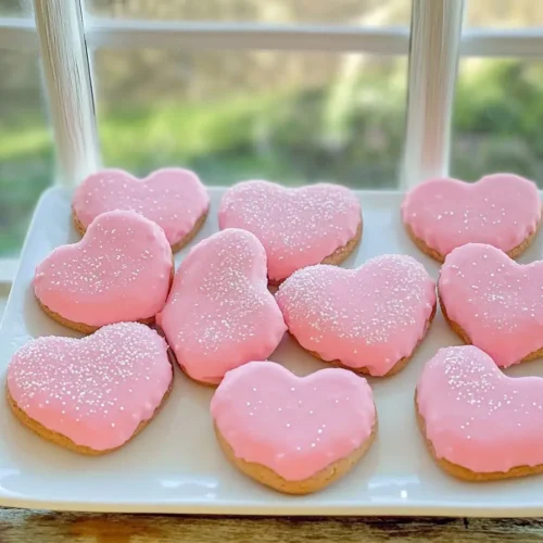 Mothers Day Heart Pink Cookies — heart-shaped sugar cookies with pink icing and white sprinkles — served beautifully on a white plate.