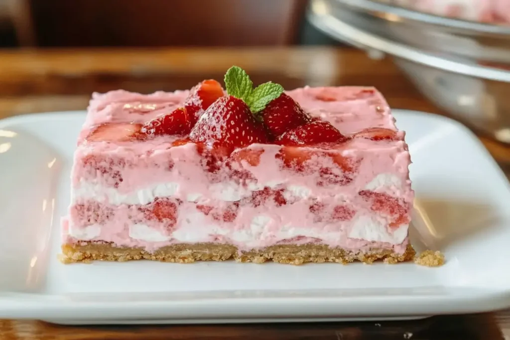 A square slice of no-bake strawberry delight on a white plate, topped with fresh strawberries and a mint leaf.