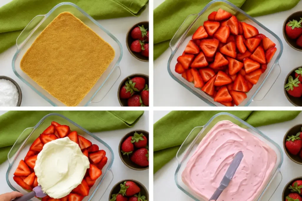 Four-step collage showing the assembly of no-bake strawberry delight with graham cracker crust, fresh strawberries, whipped cream, and pink topping.