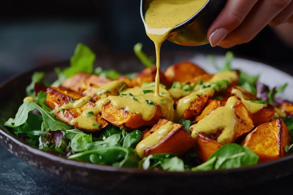 Pouring turmeric dressing over sweet potato salad