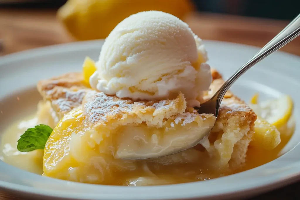 Gooey lemon cobbler being scooped with ice cream