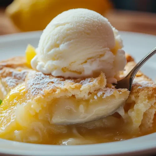 Gooey lemon cobbler being scooped with ice cream