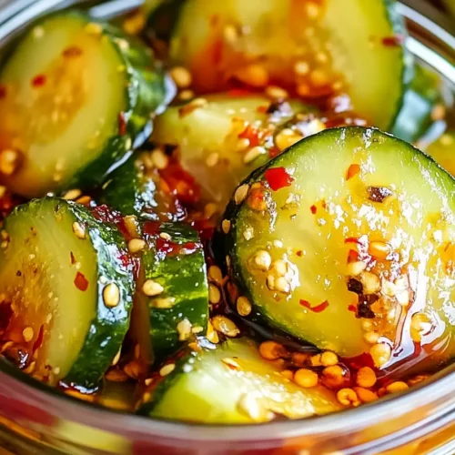 Crisp chamoy pickles — cucumber slices coated in spicy-sweet chamoy sauce, chili flakes, and sesame seeds inside a glass jar
