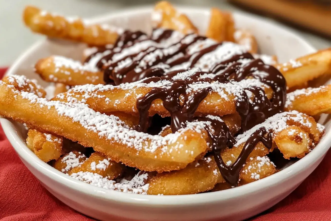 Golden funnel cake fries topped with powdered sugar and chocolate sauce.