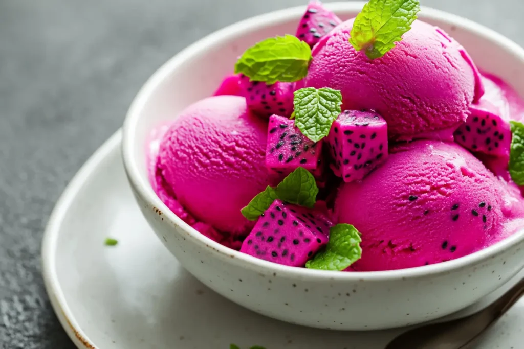 Dragon fruit ice cream in a white ceramic bowl, topped with fresh dragon fruit cubes and mint leaves, on a bright tropical background.