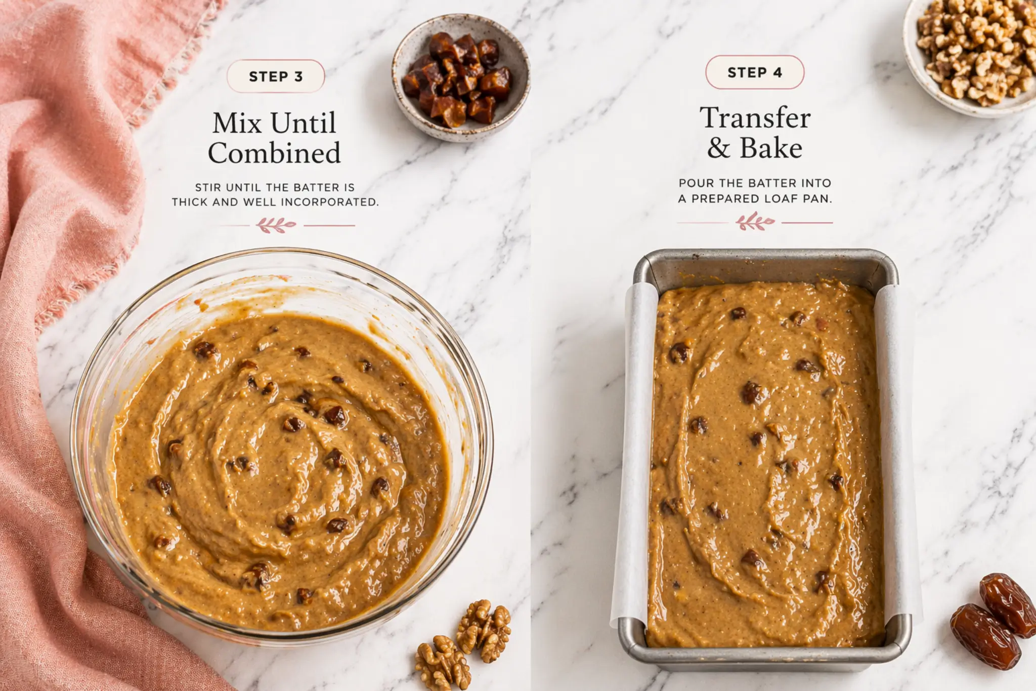 mixing date walnut cake batter and pouring into loaf pan