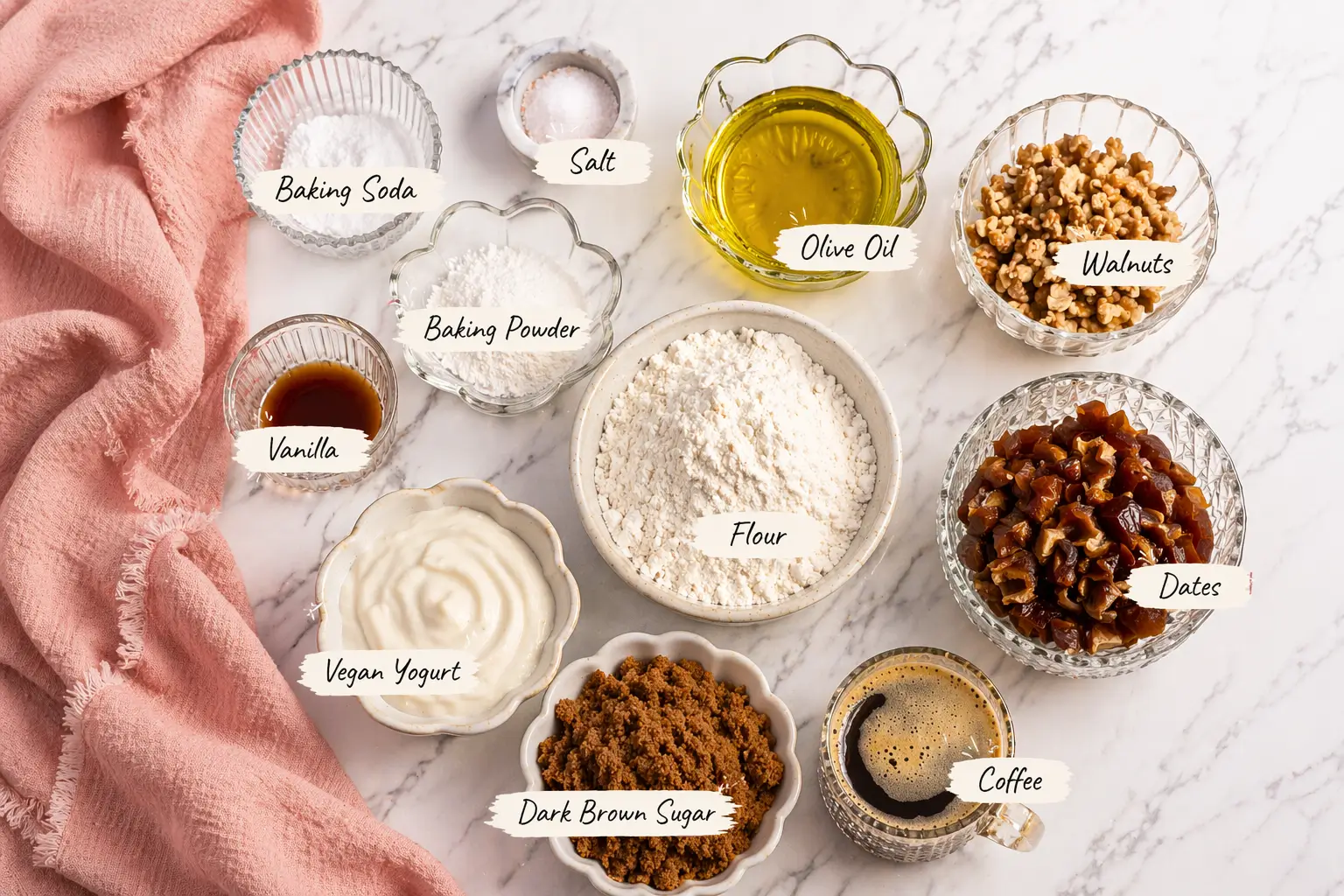Ingredients for vegan date and walnut cake including flour, dates, walnuts, coffee, yogurt, and olive oil , Date Walnut Cake
