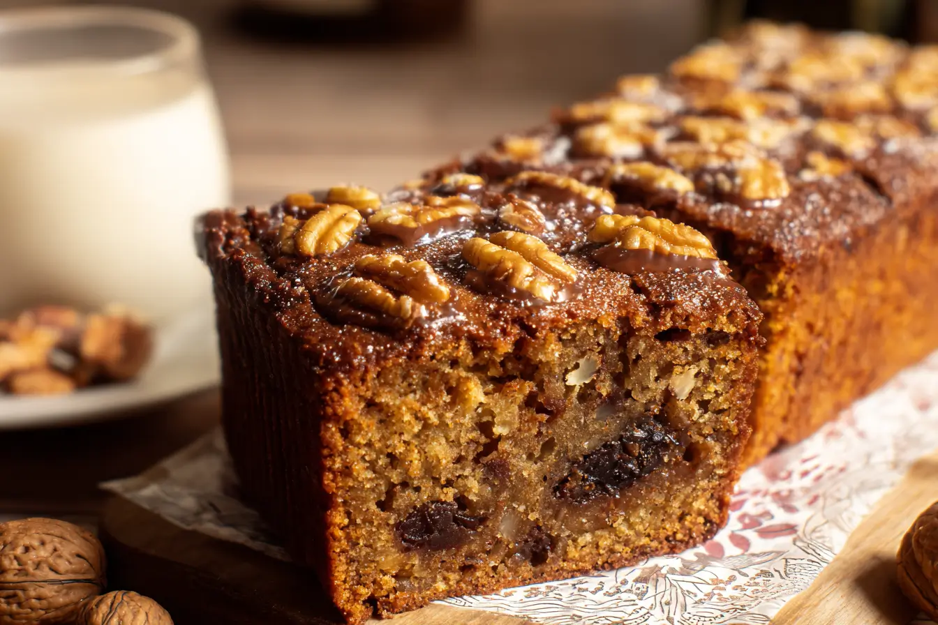 moist date walnut loaf cake with rich crumb and crunchy topping