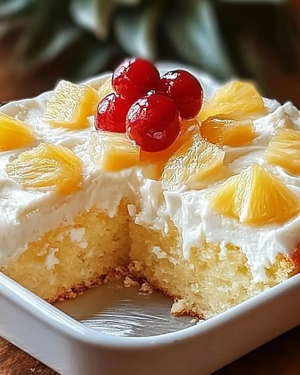 Pineapple cake topped with whipped cream, pineapple chunks, and maraschino cherries in a white baking dish.