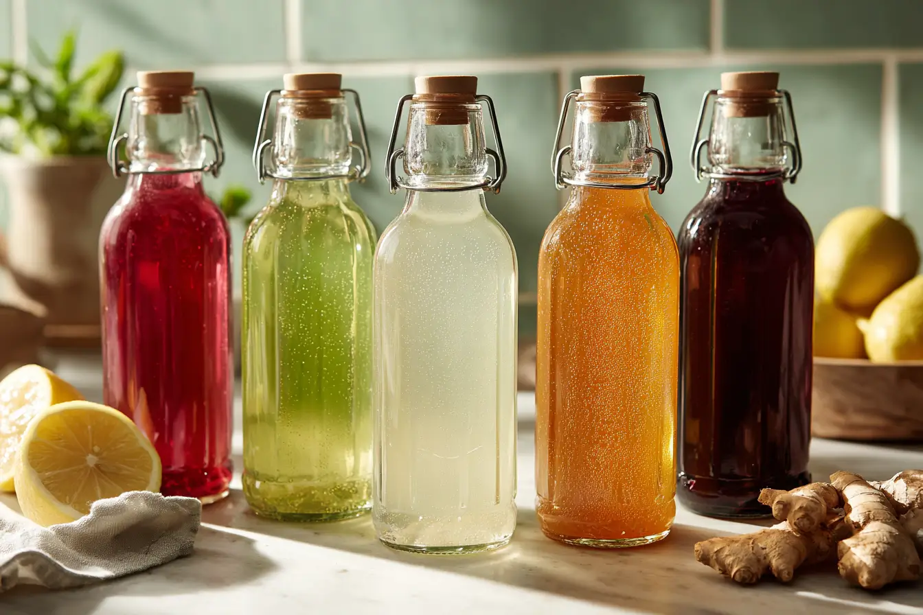 Five glass bottles of colorful homemade probiotic soda on a sunlit counter with lemons and ginger, Best Probiotic Soda Recipe