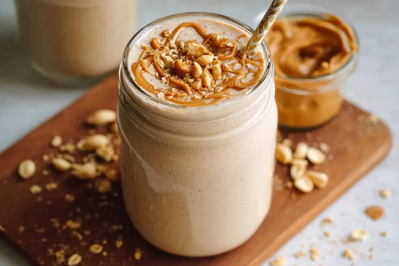 Peanut butter banana smoothie in a mason jar topped with peanut drizzle and crushed peanuts
