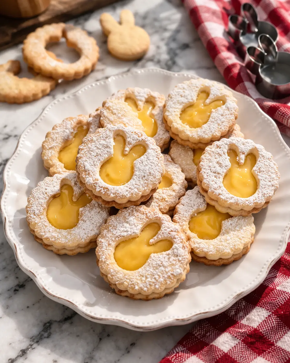 Bunny-shaped lemon Linzer cookies dusted with powdered sugar on a white plate , Easter Lemon Linzer Cookies
