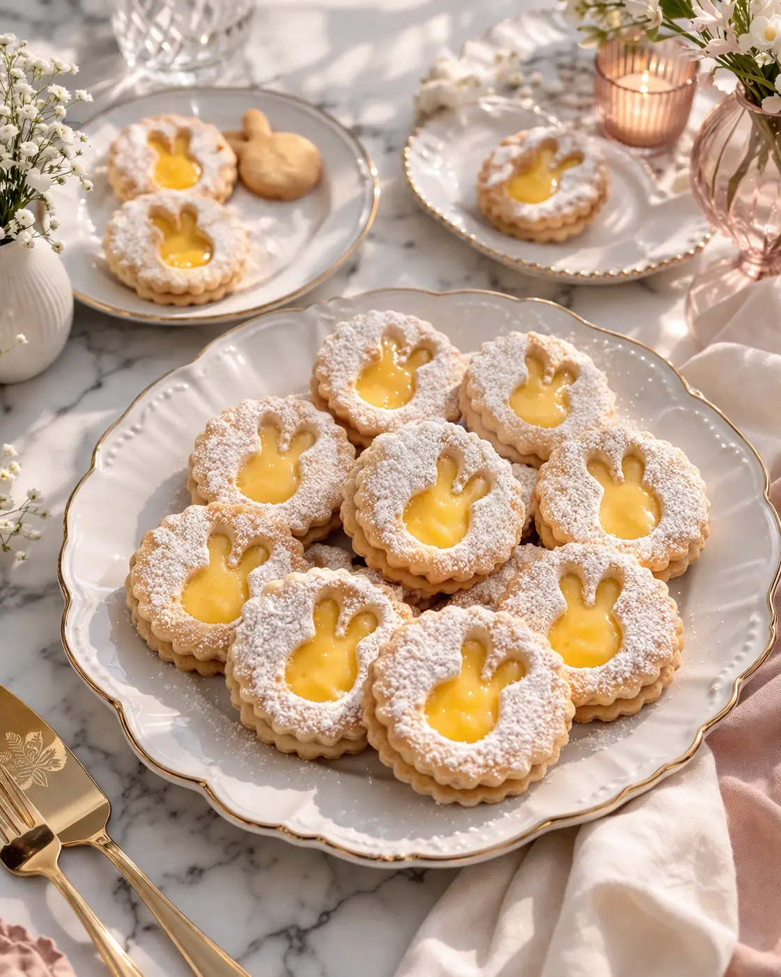 Easter bunny lemon Linzer cookies on a white plate with powdered sugar ,Easter Lemon Linzer cookies
