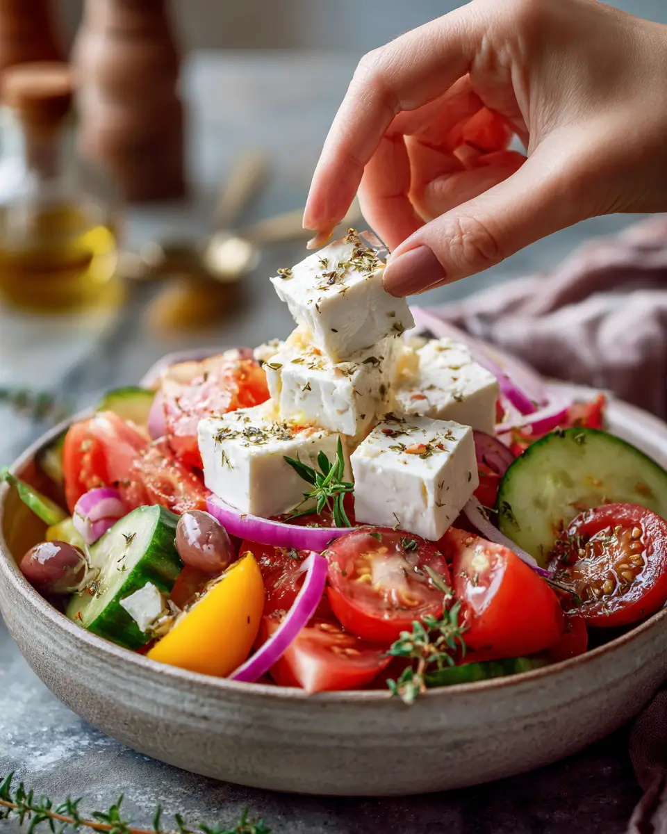 Hand placing feta chunks on traditional Greek salad recipe Horiatiki