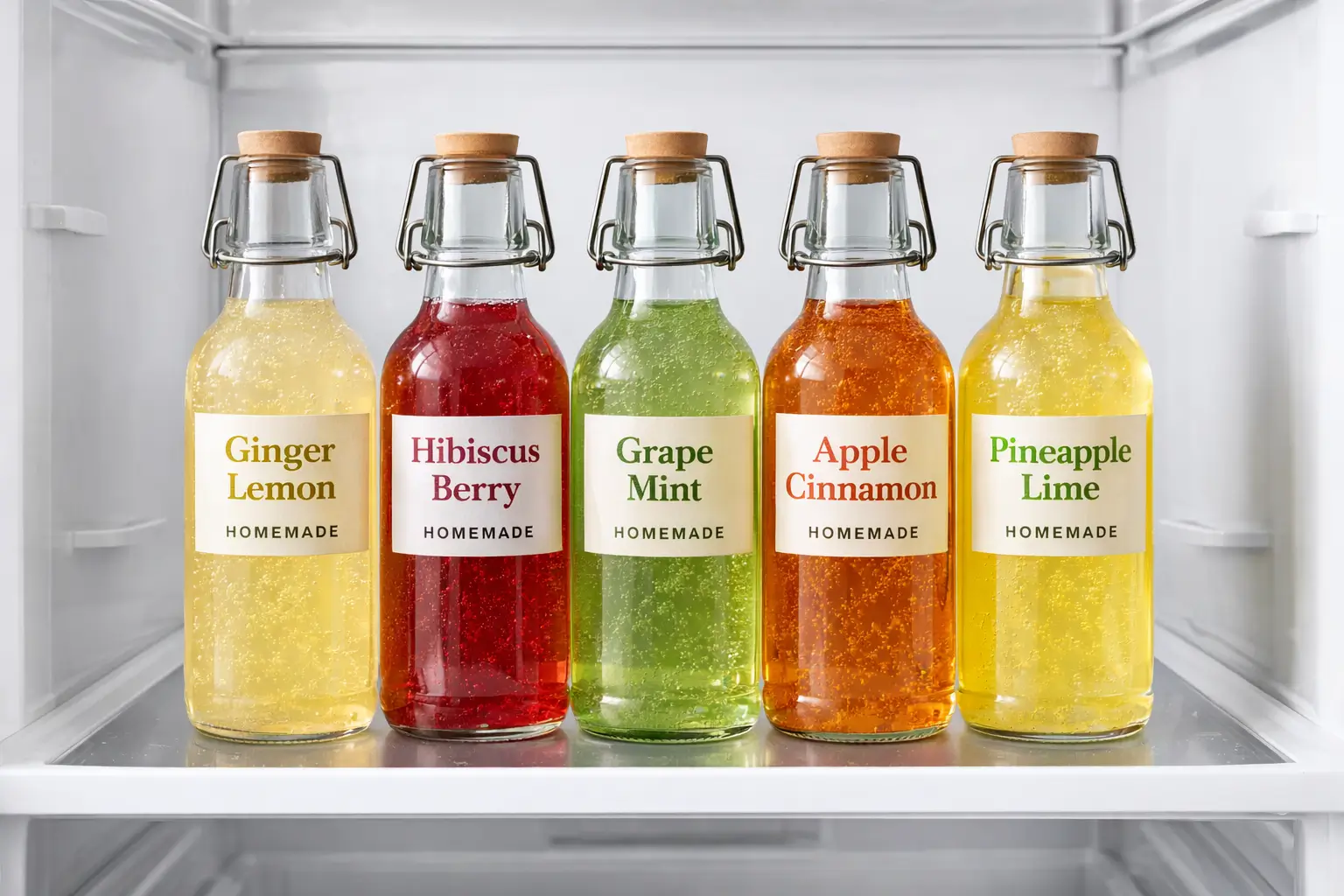 Five glass bottles of homemade probiotic soda in different flavors lined up in a fridge, labeled Ginger Lemon, Hibiscus Berry, Grape Mint, Apple Cinnamon, and Pineapple Lime, Best Probiotic Soda Recipe