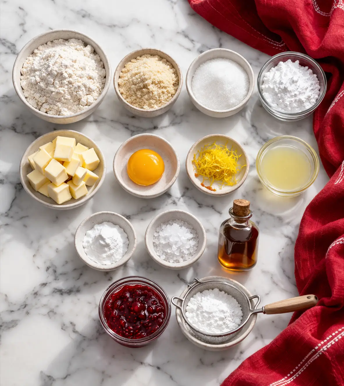 Ingredients for Easter Lemon Linzer cookies arranged on a white marble kitchen counter