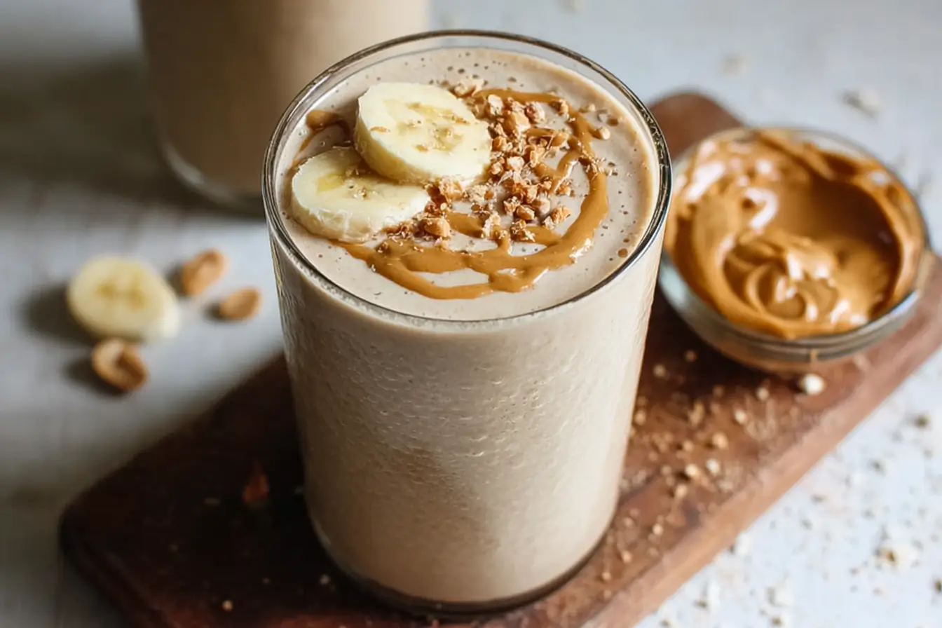Creamy peanut butter banana smoothie topped with banana slices, peanut drizzle, and crushed nuts