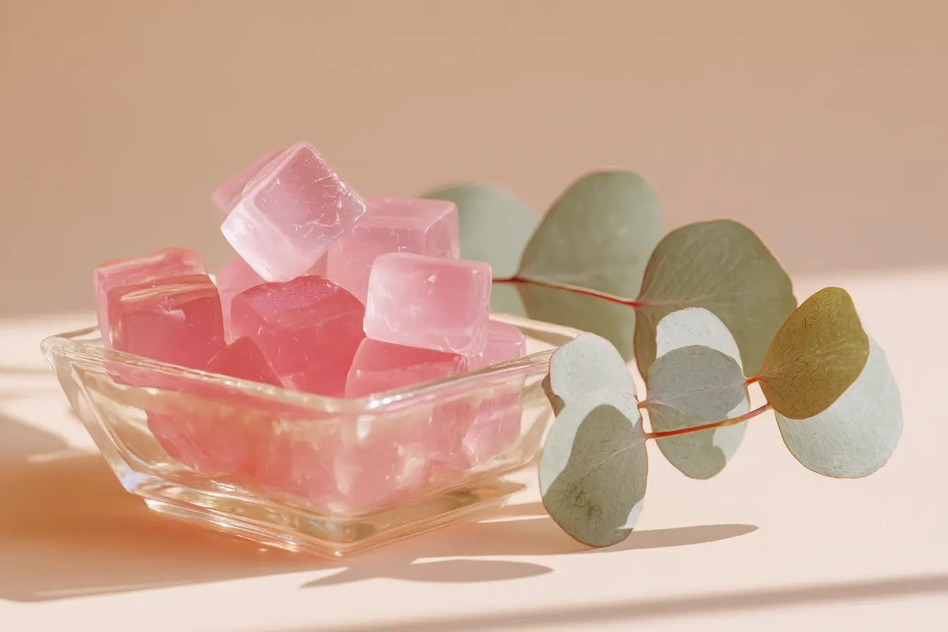 Square bowl of soft pink gelatin cubes, slightly lighter than cranberry, with a few eucalyptus leaves as garnish on a pale background , Jillian Michaels Gelatin recipe