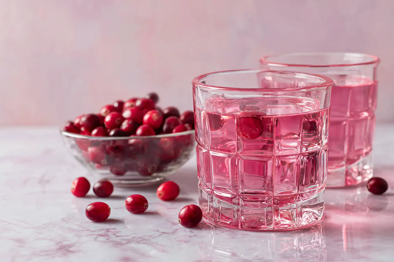 Small faceted glass filled with pink gelatin drink on a marble countertop, a clear water glass and bowl of fresh cranberries beside it , Jillian Michaels Gelatin recipe