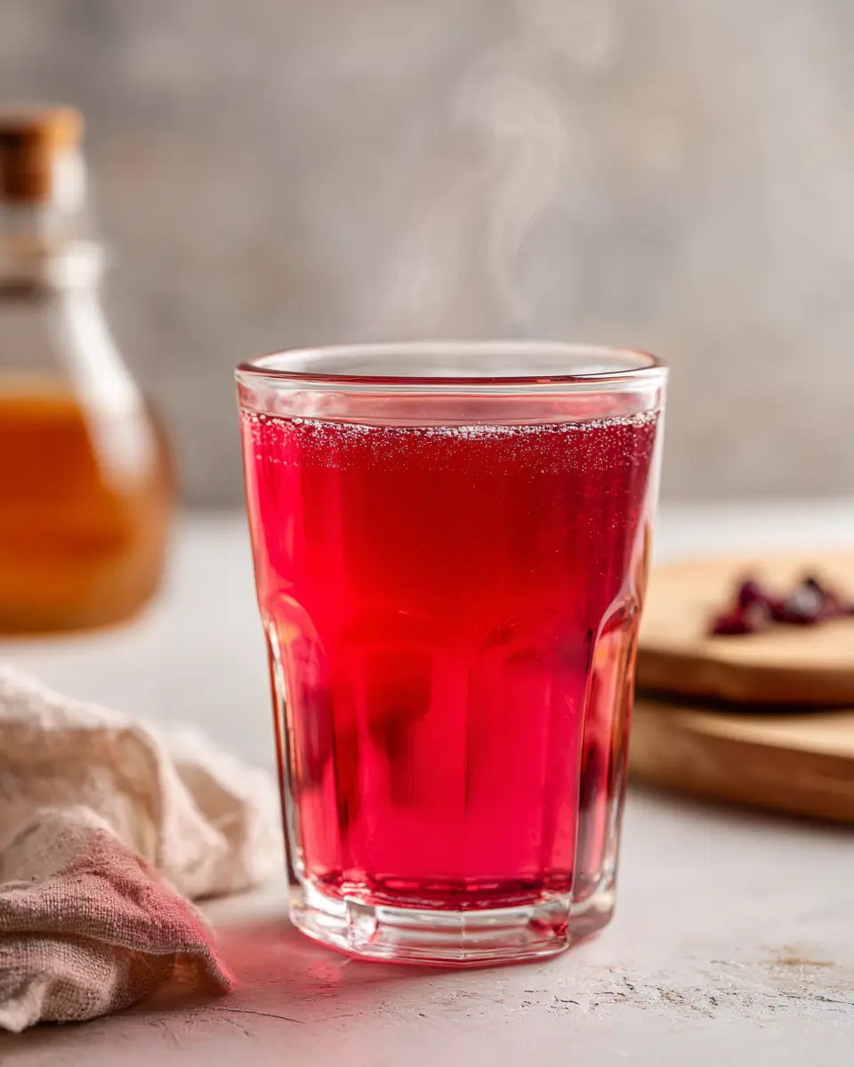 Clear glass of vibrant pink cranberry gelatin drink on a white countertop with soft natural light, a wooden spoon and bottle of apple cider vinegar nearby.
