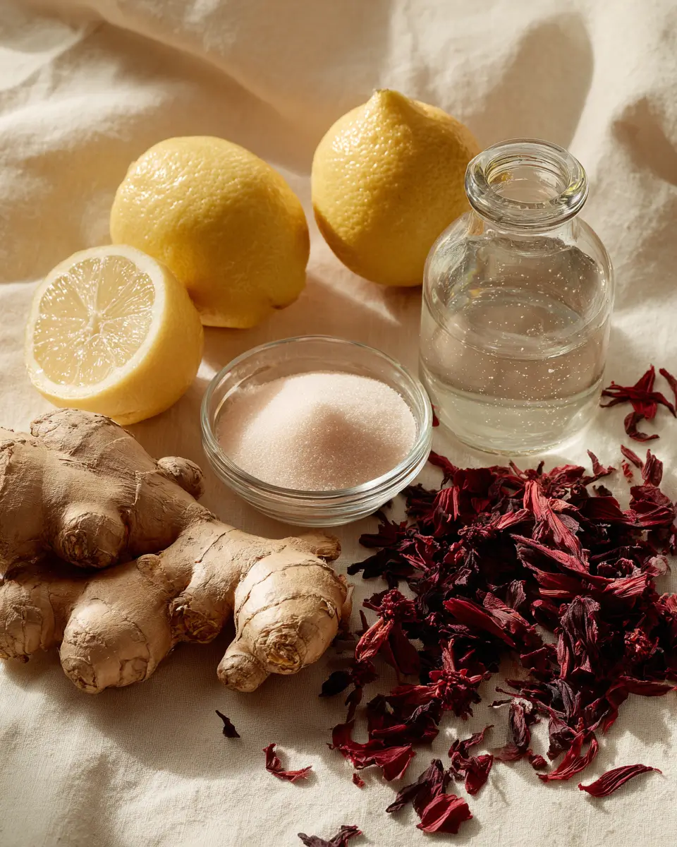ingredients for best probiotic soda recipe ginger lemon sugar hibiscus on linen