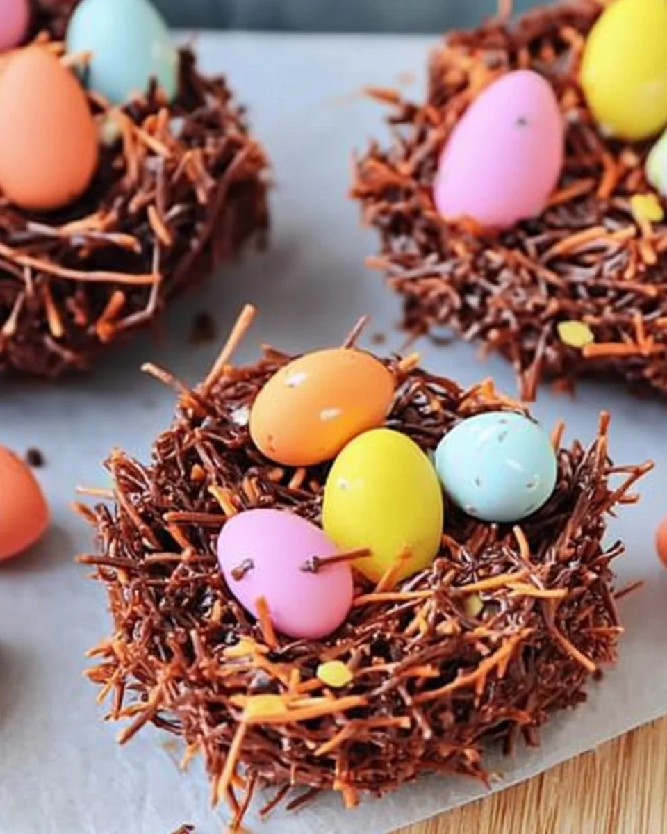 Four-ingredient no-bake Easter nests made with chocolate and coconut.