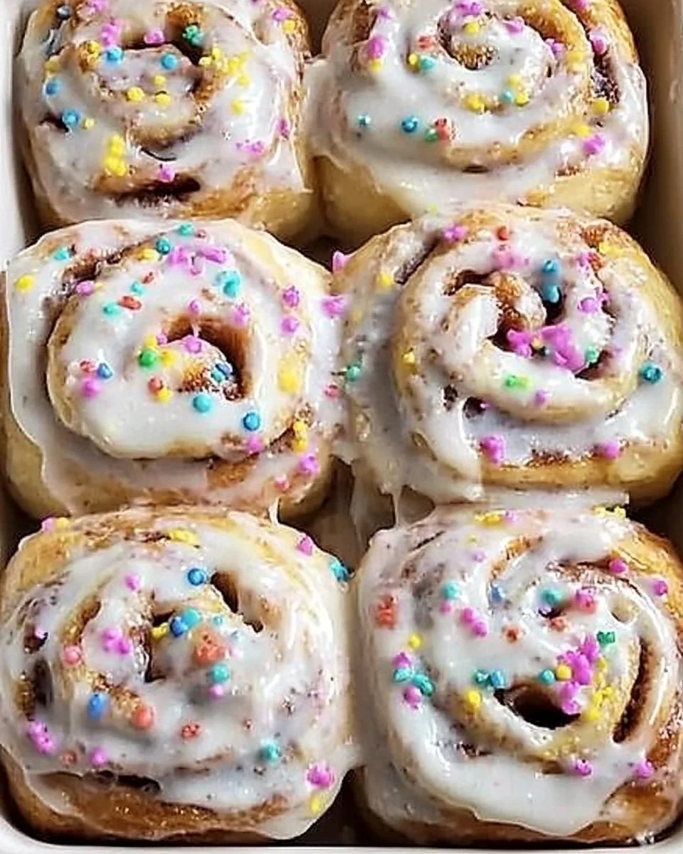 Freshly baked Funfetti Cinnamon Rolls topped with colorful sprinkles and icing.