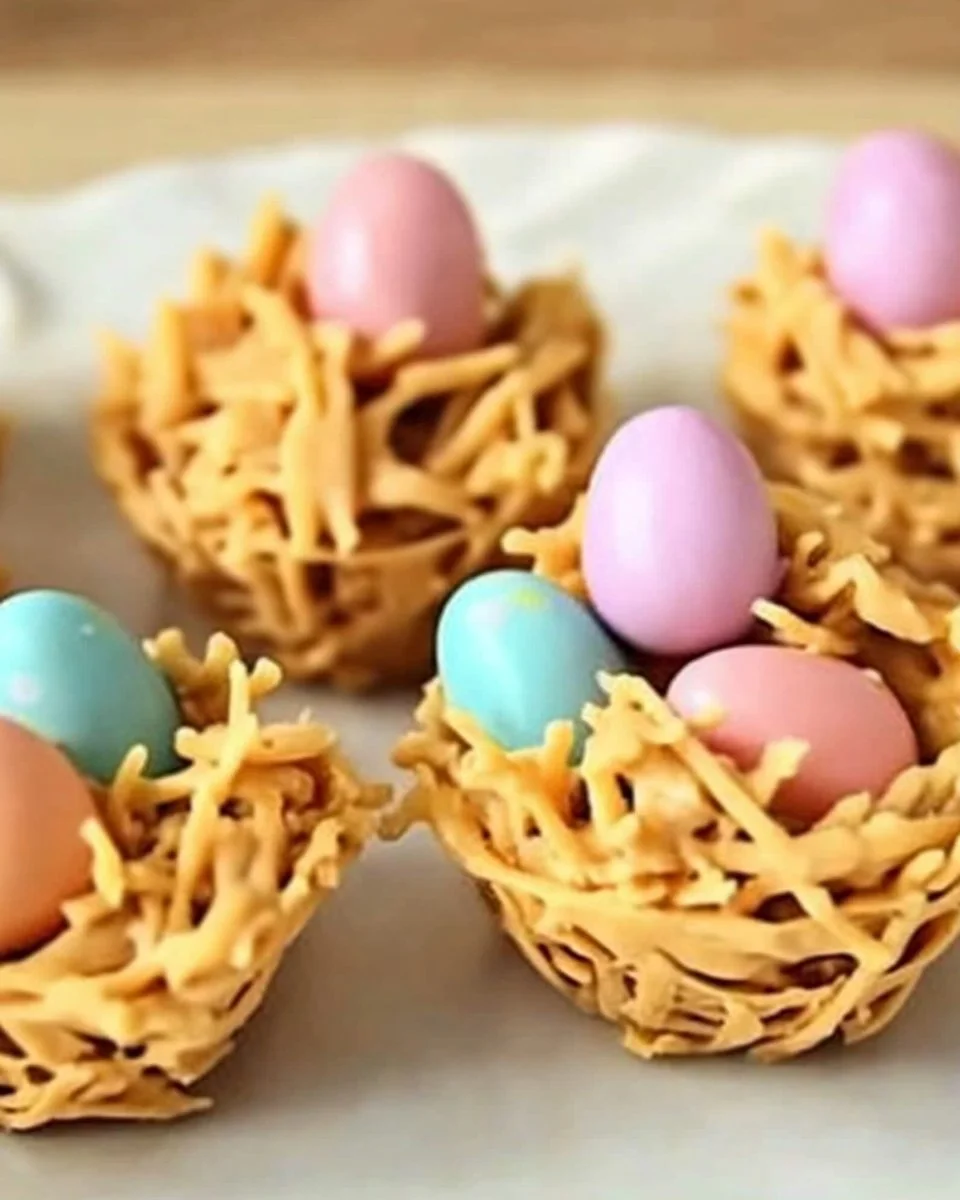 No-Bake Easter Egg Peanut Butter Haystacks on a decorative plate