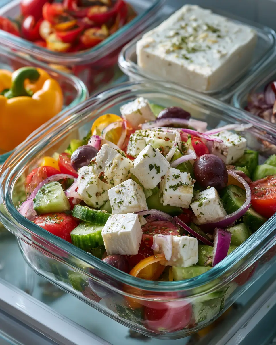 Traditional Greek salad recipe Horiatiki stored in a glass container in the fridge