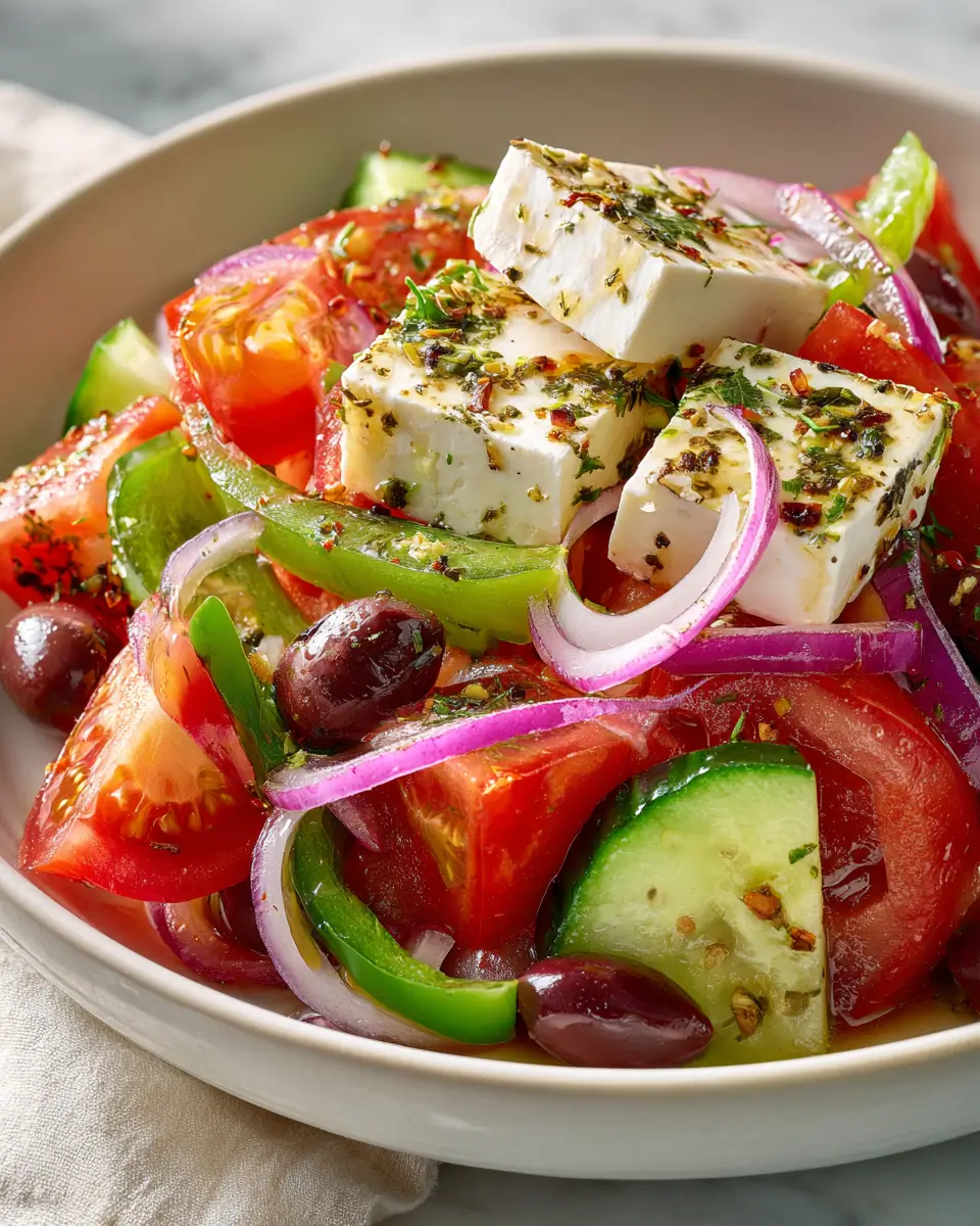 Traditional Greek salad recipe Horiatiki in a white bowl with tomatoes cucumber olives and feta