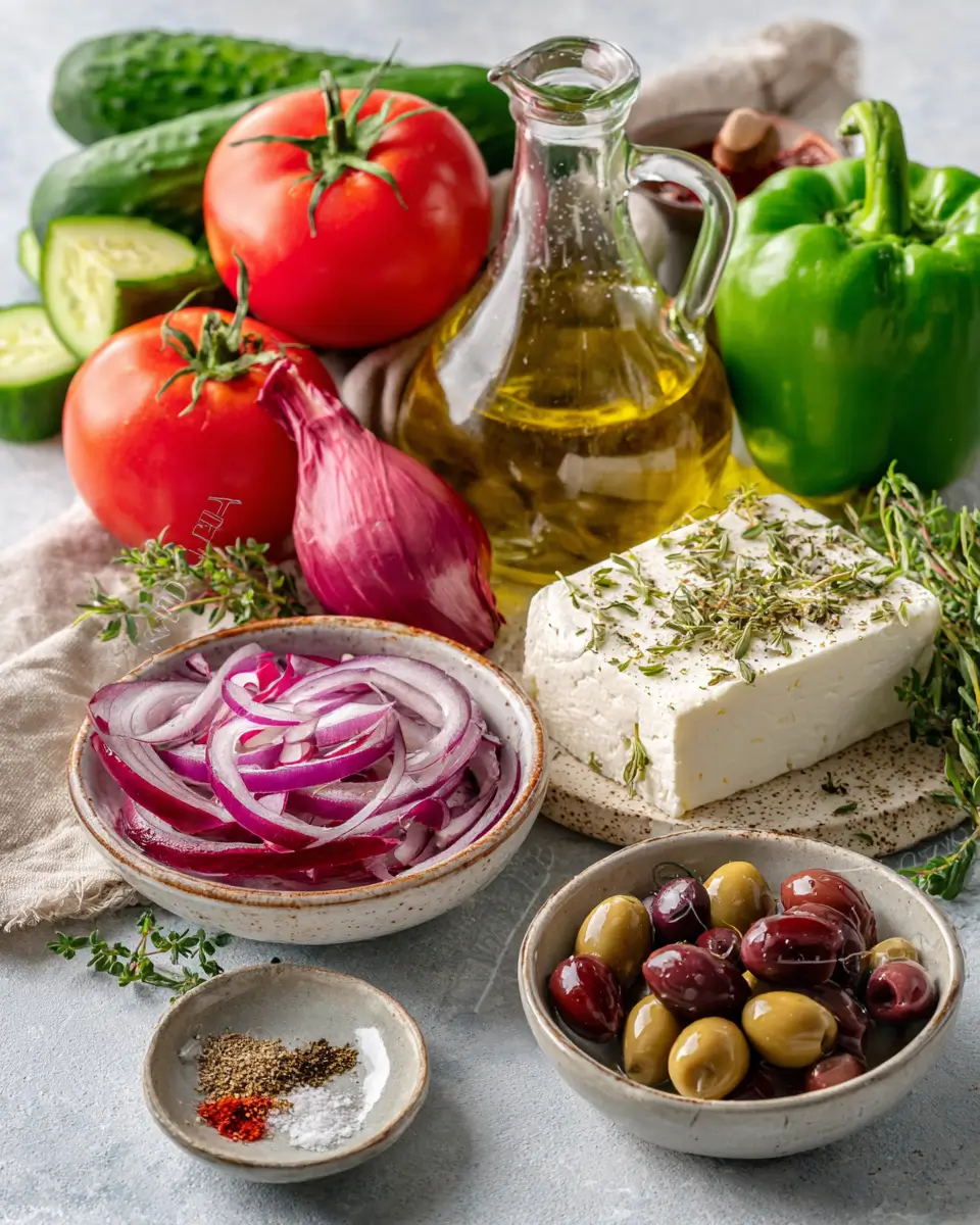 Fresh ingredients for traditional Greek salad recipe Horiatiki arranged on a light counter
