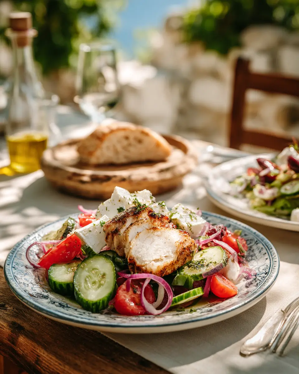 Small plate of traditional Greek salad recipe Horiatiki served with grilled chicken