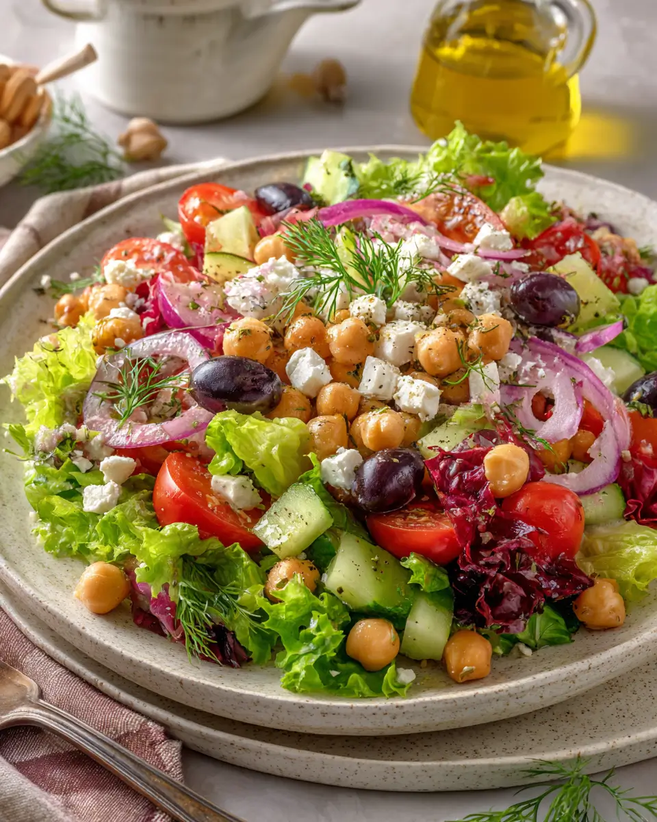 Traditional Greek salad recipe Horiatiki served on romaine with chickpeas