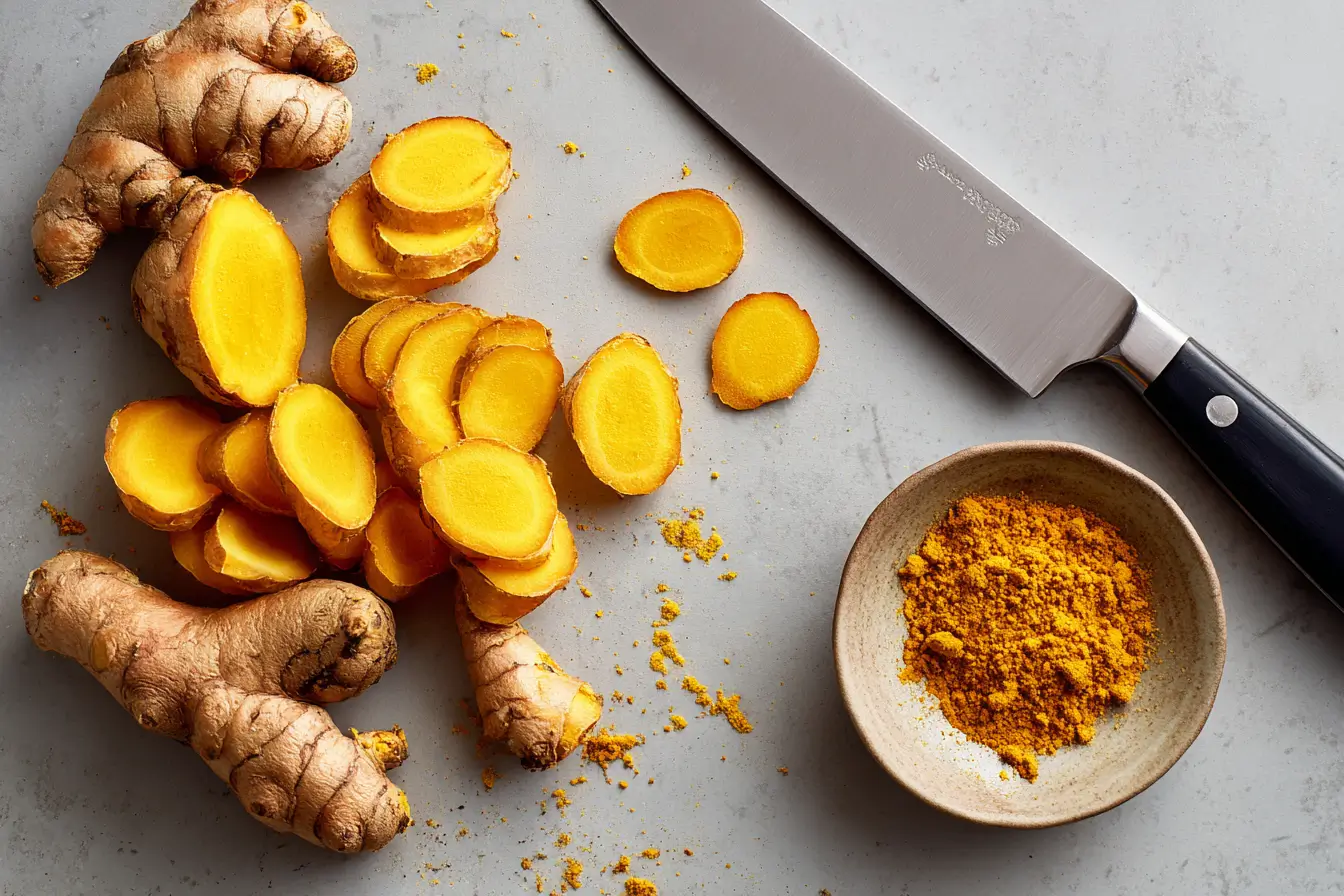 Fresh turmeric and ginger for turmeric golden milk recipe