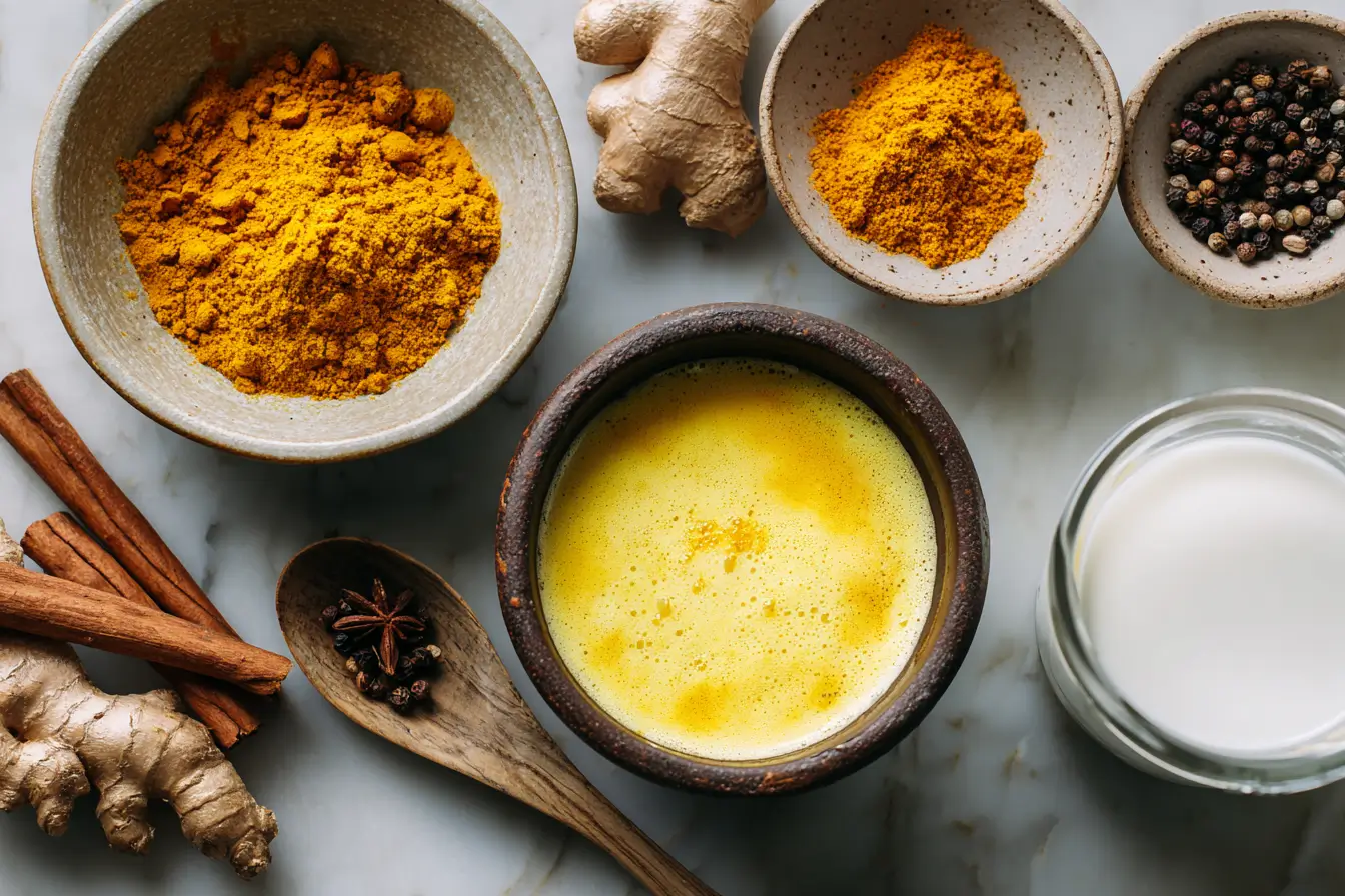Ingredients for turmeric golden milk recipe on light surface