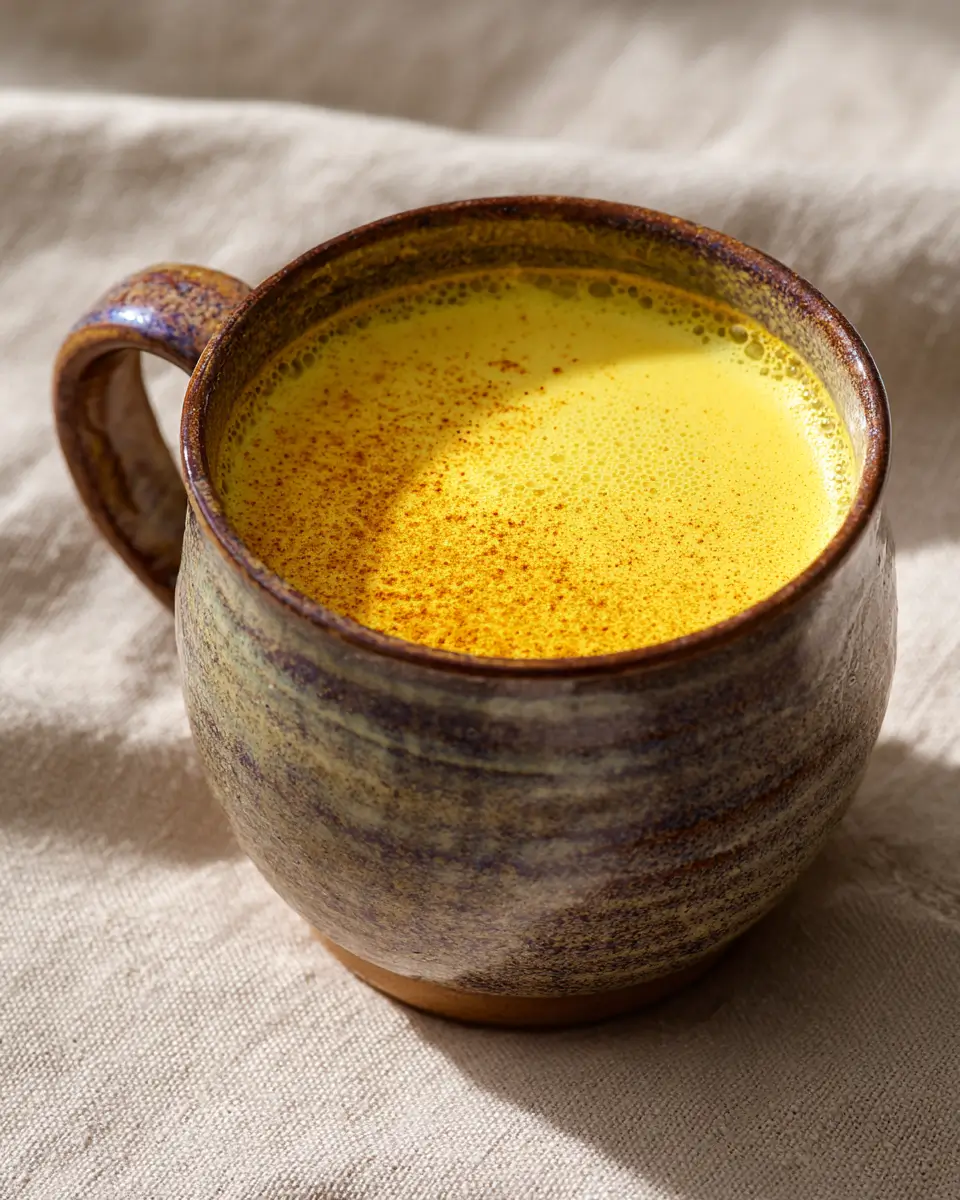 Close up mug of turmeric golden milk recipe on neutral background
